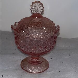 Daisy & Button opalescent pink vintage candy dish  by L. G. Wright.